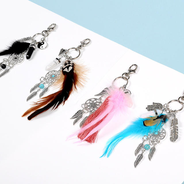 Natural crystal colorful feather keychain