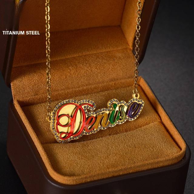 Personality color enamel diamond stainless steel custom name necklace