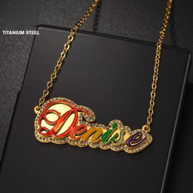 Personality color enamel diamond stainless steel custom name necklace