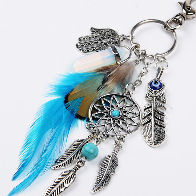 Natural crystal colorful feather keychain