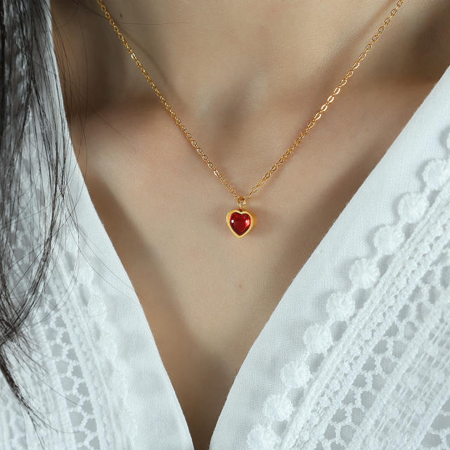 Dainty red agate pendant stainless steel necklace