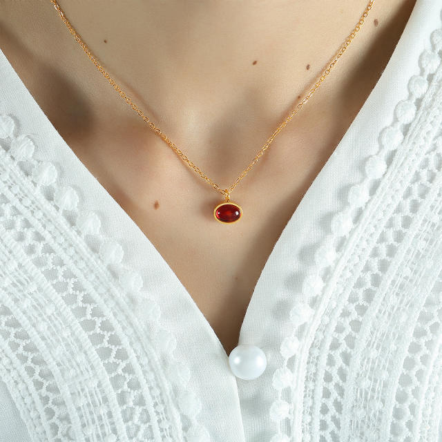 Dainty red agate pendant stainless steel necklace