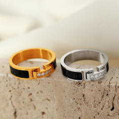 Concise diamond black enamel stainless steel finger rings
