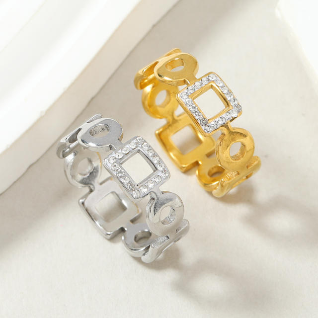 Hollow out square diamond stainless steel finger rings