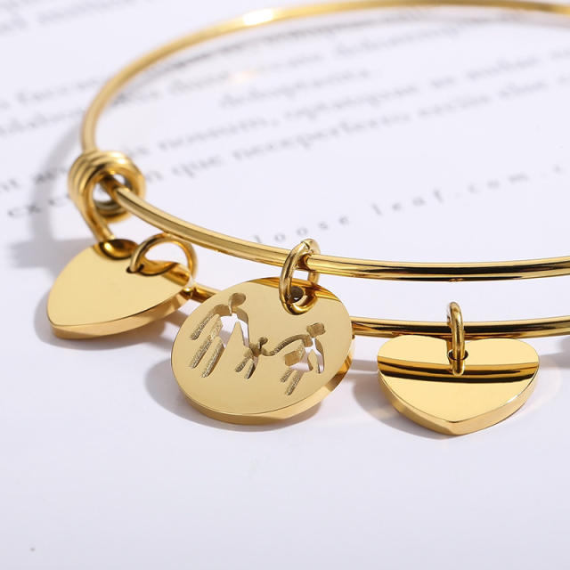 Delicate heart charm stainless steel bangle