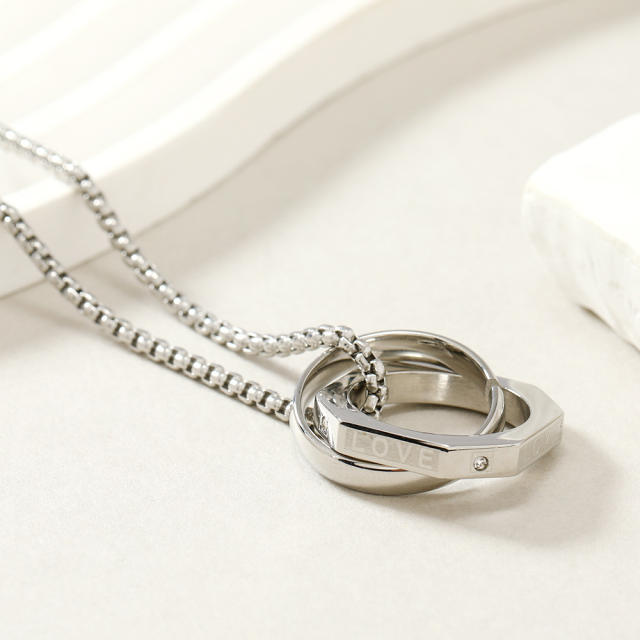 LOVE letter two ring cirlce pendant stainless steel necklace