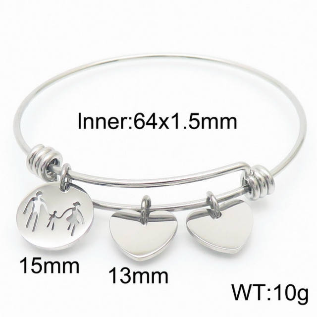 Delicate heart charm stainless steel bangle