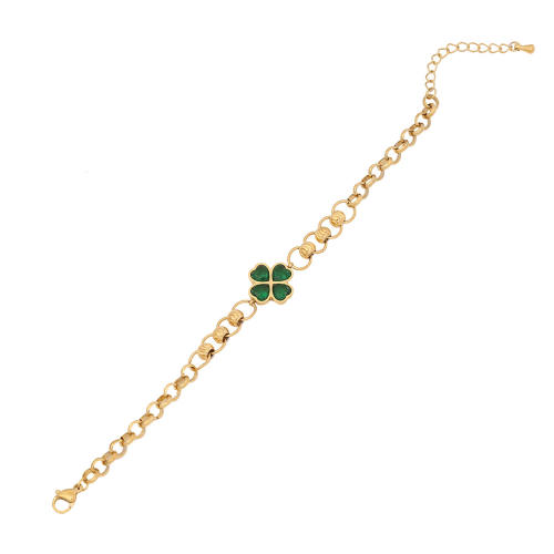Chunky chain emerald clover heart stainless steel bracelet