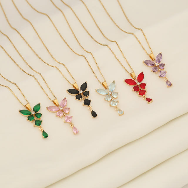 Dainty colorful cubic zircon  butterfly stainless steel necklace