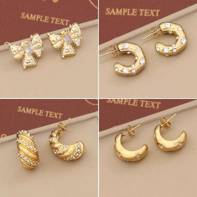 Delicate diamond bow open hoop stainless steel earrings