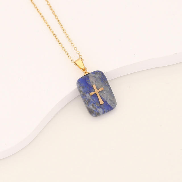 Vintage natural stone pendant stainless steel necklace