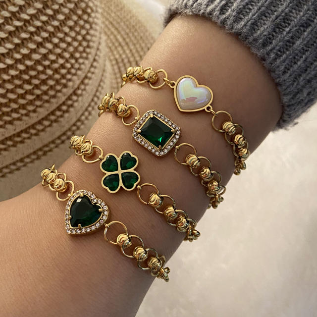 Chunky chain emerald clover heart stainless steel bracelet