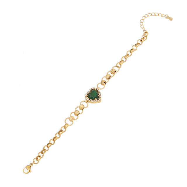 Chunky chain emerald clover heart stainless steel bracelet