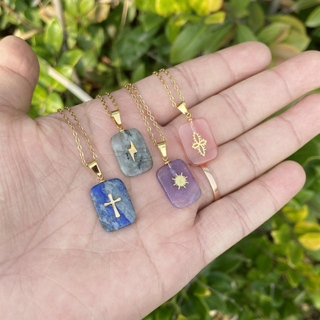 Vintage natural stone pendant stainless steel necklace