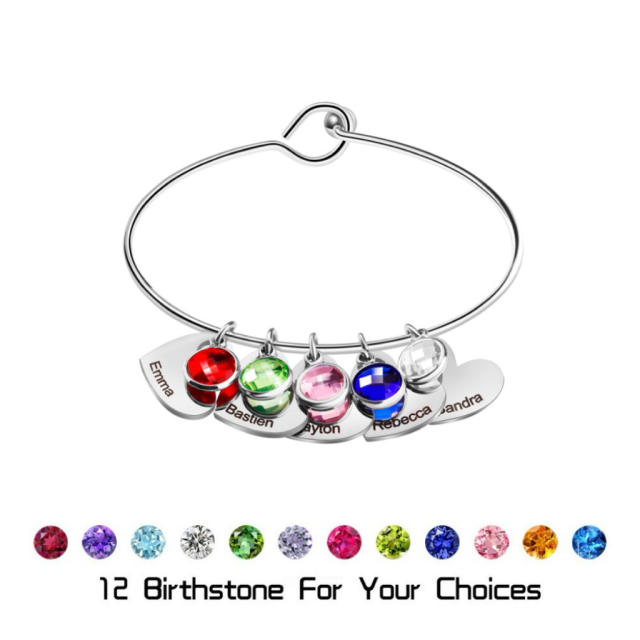 DIY mother's day birthstone charm engrave letter heart stainless steel bangle