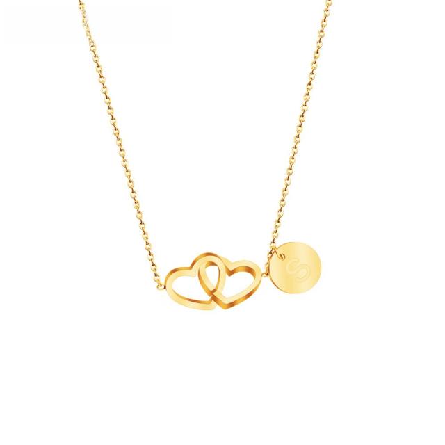 Chic double heart initial letter coin stainless steel necklace