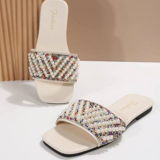 Summer pearl rhinestone flat slippers