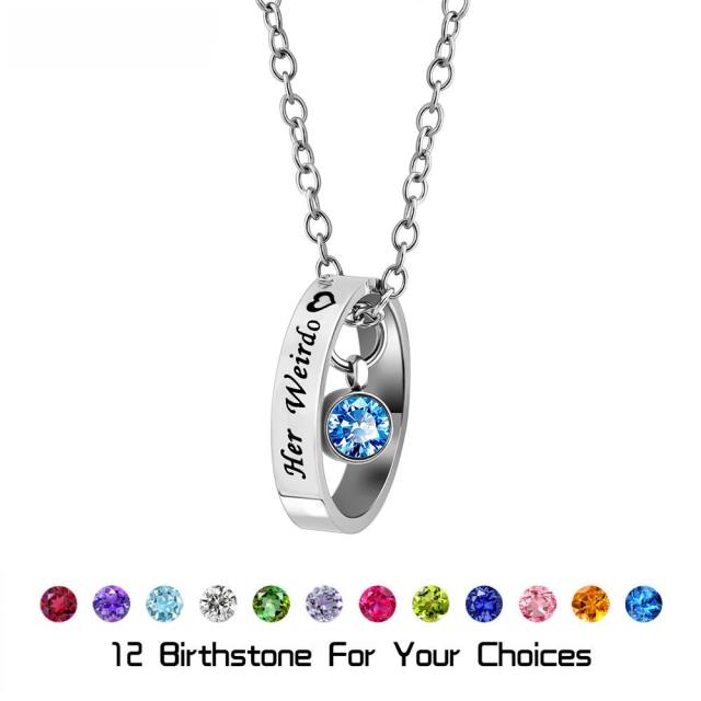 Engrave name ring pendant birthstone stainless steel necklace