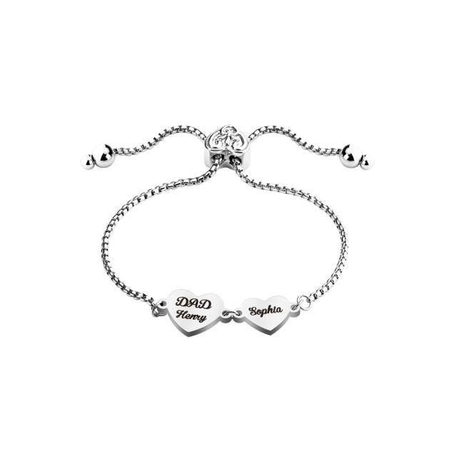 Concise engrave name heart stainless steel slide bracelet