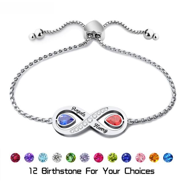 Unique infinity symbol engrave name birthstone bracelet