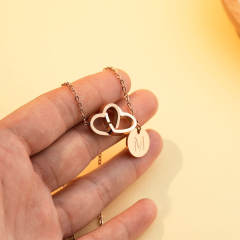 Chic double heart initial letter coin stainless steel necklace