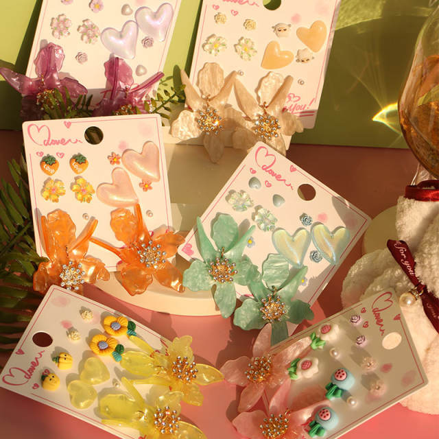 Spring summer colorful acrylic flower earrings set 6 pair