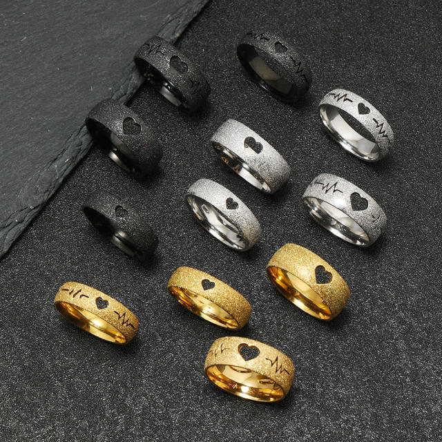 Creative hollow out heart heartbeat frosted stainless steel rings band