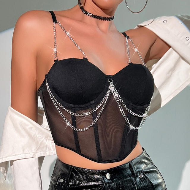 Sexy metal chain see through corset tops