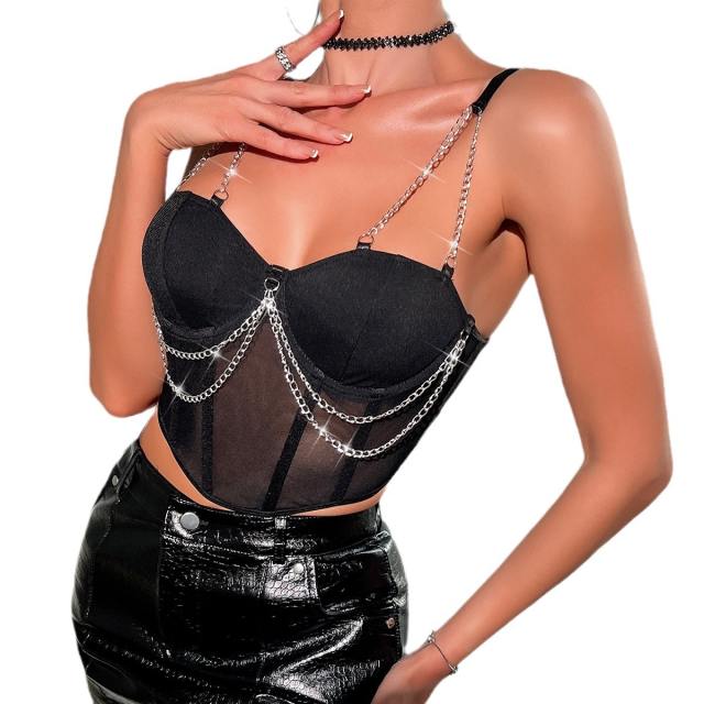 Sexy metal chain see through corset tops