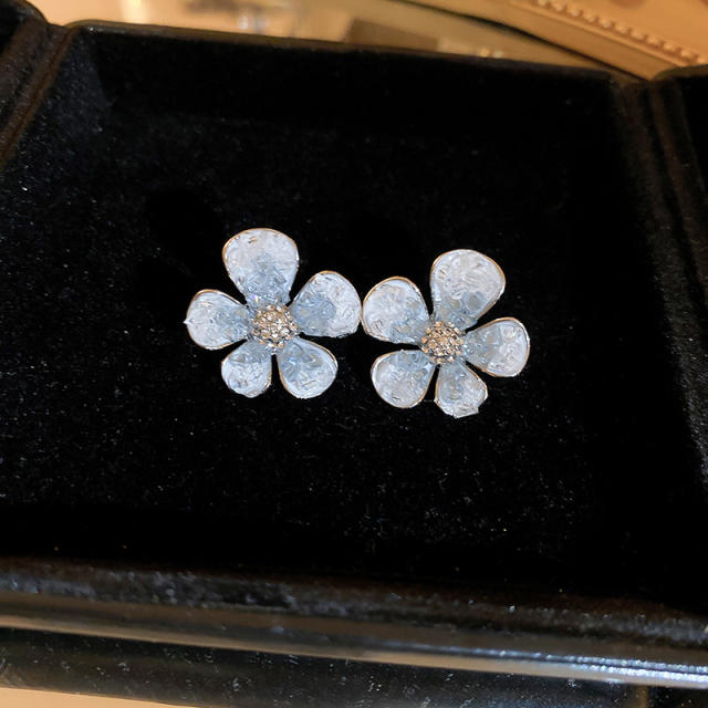 925 needle luxury light blue color shiny flower dangle earrings