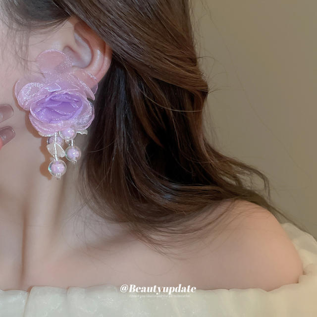 Springs 925 needle purple color fabric bead tassel earrings