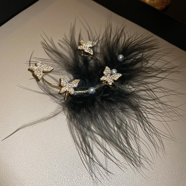 Luxury black feather design diamond butterfly ear wrap