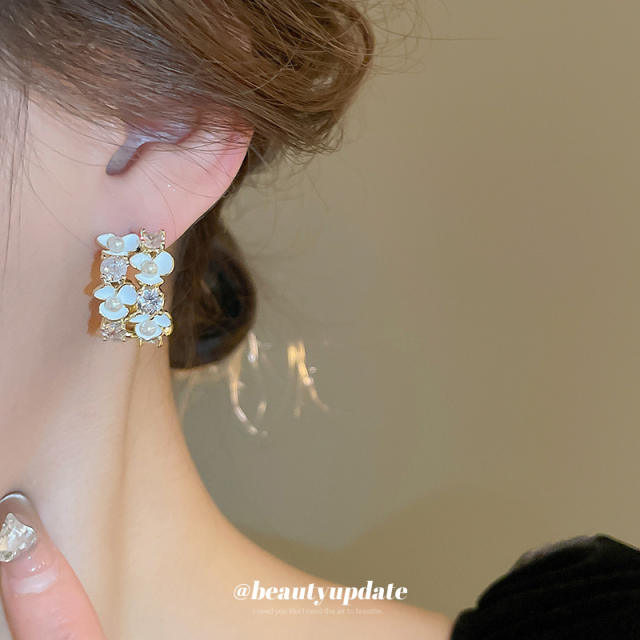 925 needle real gold plated pearl flower open hoop earrings