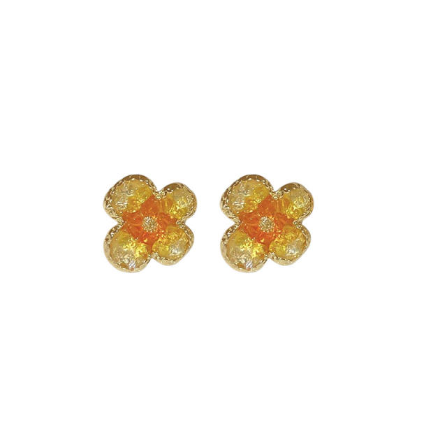 925 needle real gold plated yellow color diamond flowre studs earrings