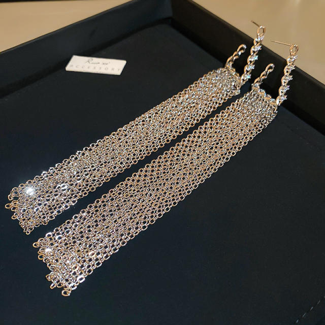 925 needle metal chain tassel long earrings for women