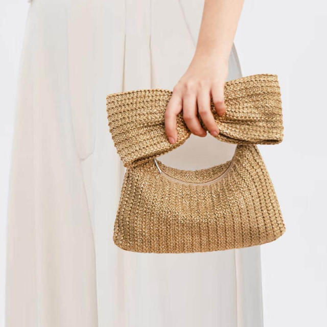 Summer design sweet bow handle straw clutch bag