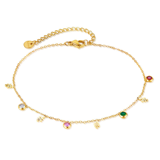 Concise colorful cubic zircon charm stainless steel anklet