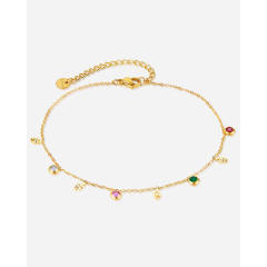 Concise colorful cubic zircon charm stainless steel anklet