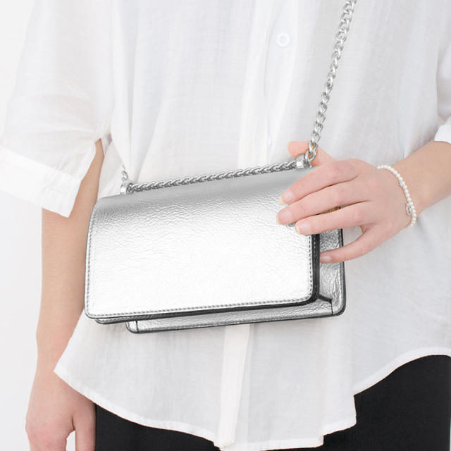 Elegant silver color PU leather chain bag