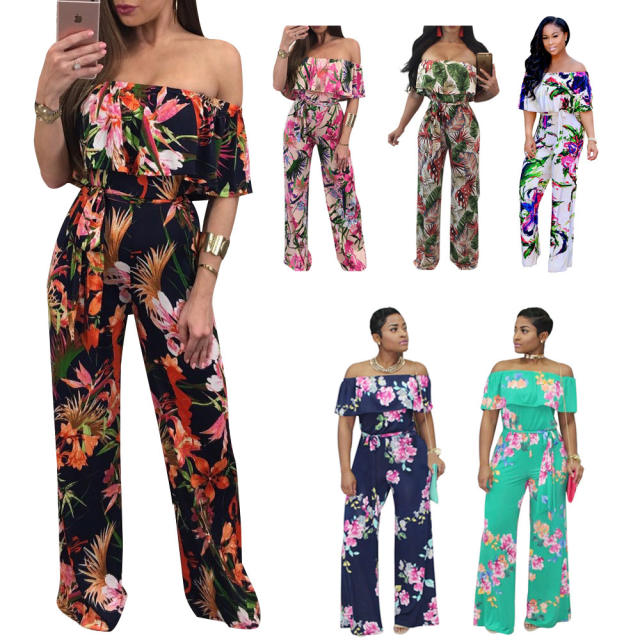 Hot sale floral pattern ruffle off shouler wide leg women jumpsuit