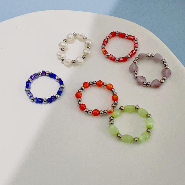 INS colorful crystal opal stone stainless steel bead elastic rings