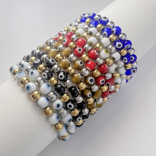 Boho colorful evil eye stainless steel bead elastic bracelet