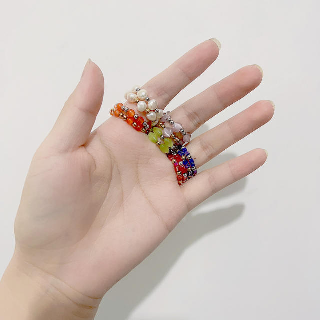 INS colorful crystal opal stone stainless steel bead elastic rings