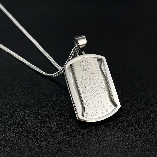 Vintage silver color virgin mary dog tag pendant stainless steel necklace