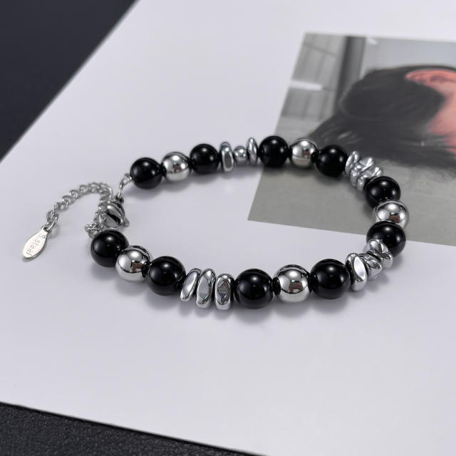 Black agate bead stainless steel chain bracelet for men women