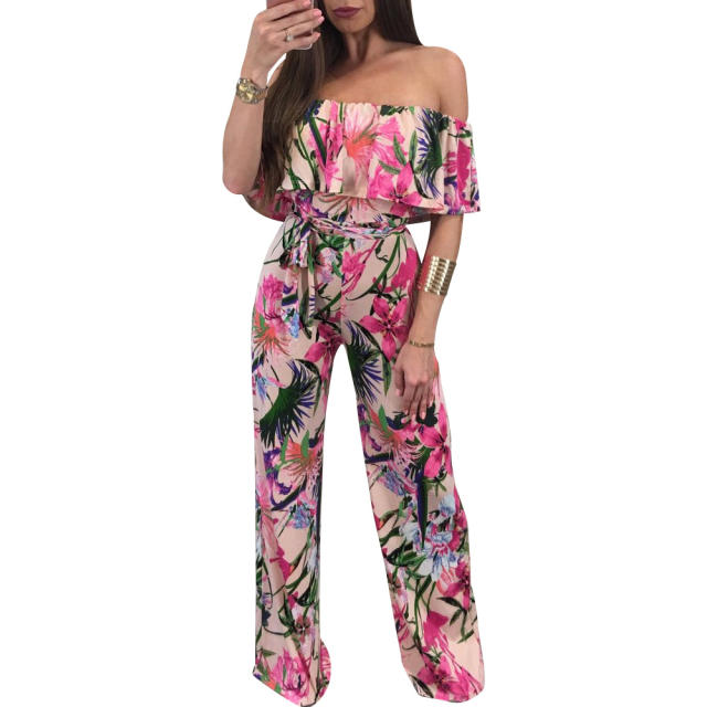 Hot sale floral pattern ruffle off shouler wide leg women jumpsuit