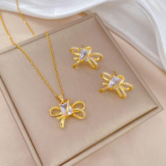 Dainty diamond bow stainless steel chain necklace set