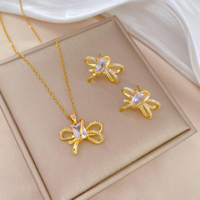 Dainty diamond bow stainless steel chain necklace set