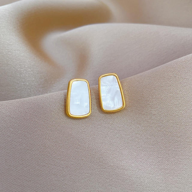 Simple white mother shell geometric stainless steel studs earrings