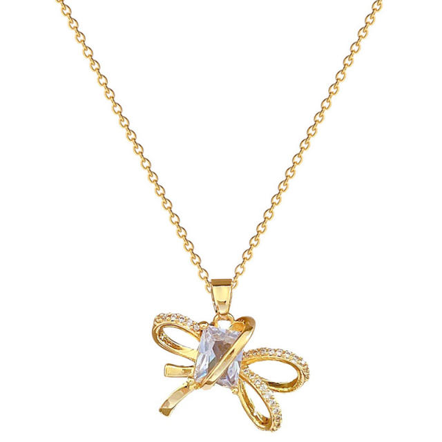 Dainty diamond bow stainless steel chain necklace set